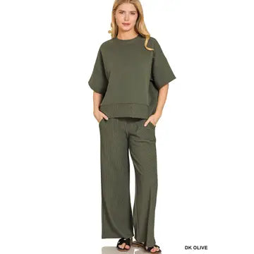 RIBBED ROUND NECK TOP & PANT SET (OLIVE)